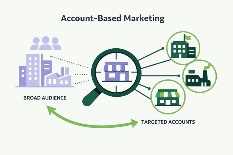 Create a clean modern B2B illustration showing AccountBased Marketing as a strategy Visualize a company targeting a small group of specific businesses-2