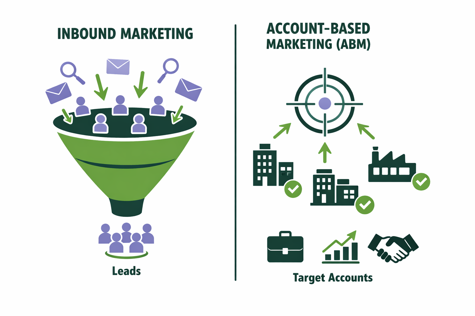 Create a sidebyside illustration comparing inbound marketing and accountbased marketing ABM On one side show a wide funnel attracting many leads inbou-4
