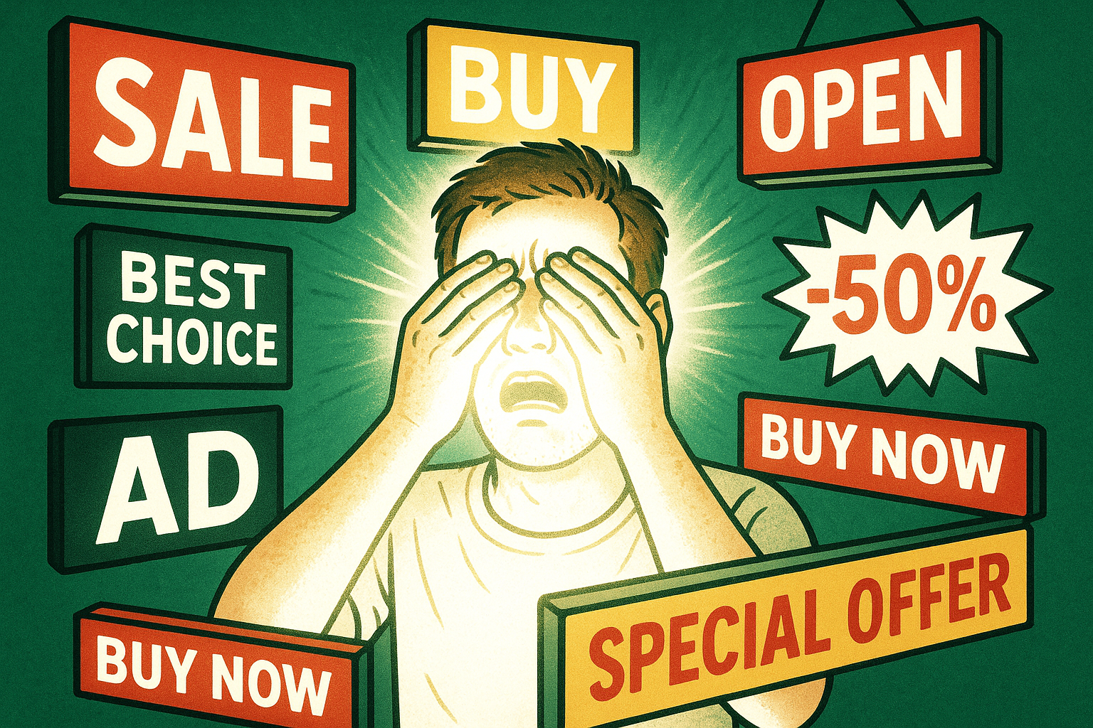 man overexposed by commercials and ads green coloured background