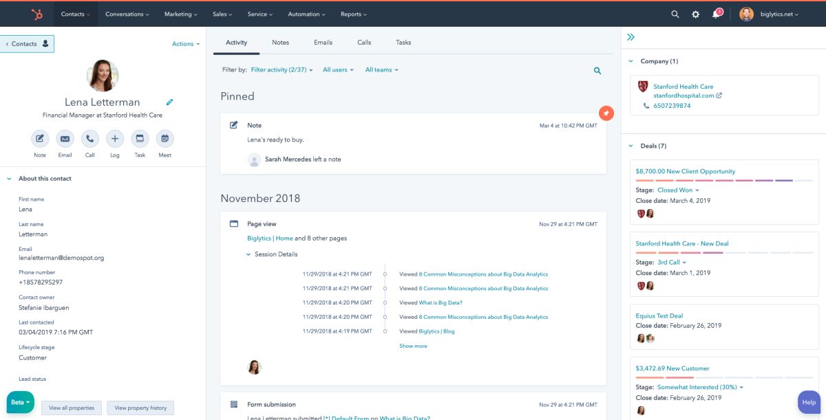 hubspot contact record interface